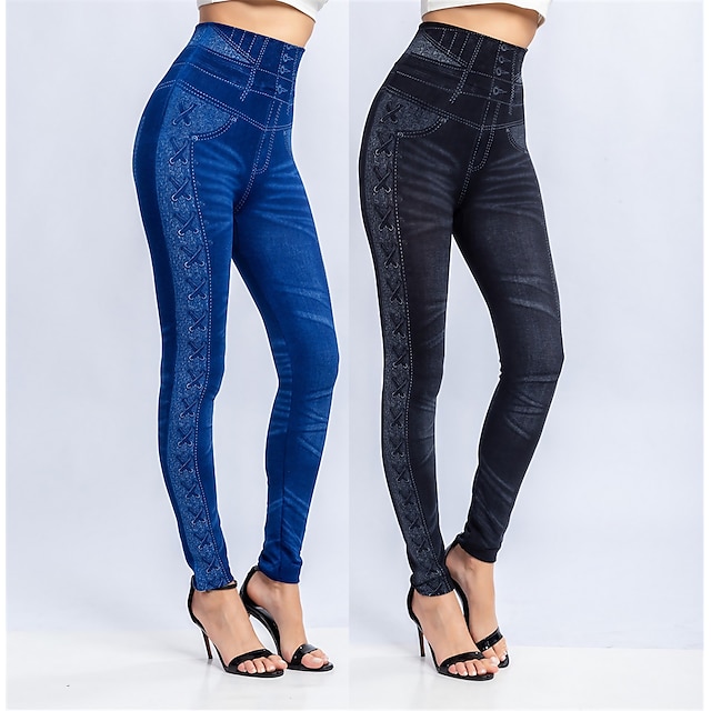  Women's Tights Pants Trousers Full Length Faux Denim High Elasticity High Waist Fashion Casual Weekend Black Blue S M