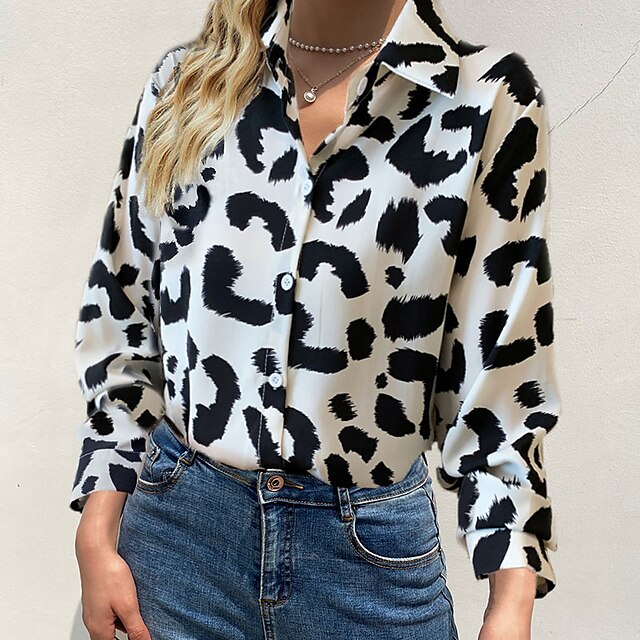  Women's Blouse Shirt Black Print Leopard Work Casual Long Sleeve Shirt Collar Elegant S