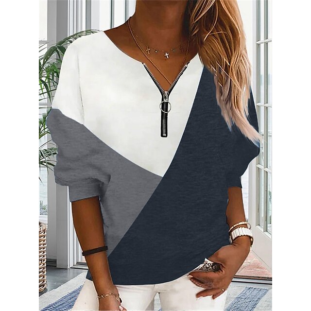  Women's Pullover Print Casual Green Blue Gray Geometric Loose Fit Long Sleeve V Neck Cotton S M L XL XXL 3XL / 3D Print