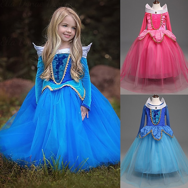  Cenicienta Princesa Aurora Chica Vestidos Vestido de niña de las flores Cosplay de película Enagua de línea A vestido de vacaciones Rosa Azul Navidad Víspera de Todos los Santos Mascarada Vestido