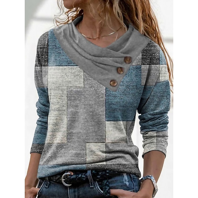  Women's T shirt Tee Geometric Abstract Casual Weekend Button Print Red Long Sleeve Daily Basic Pile Neck V Neck Fall & Winter