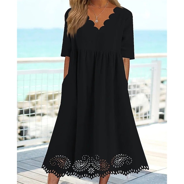 Women's Black Midi Casual Dress Hollow Out