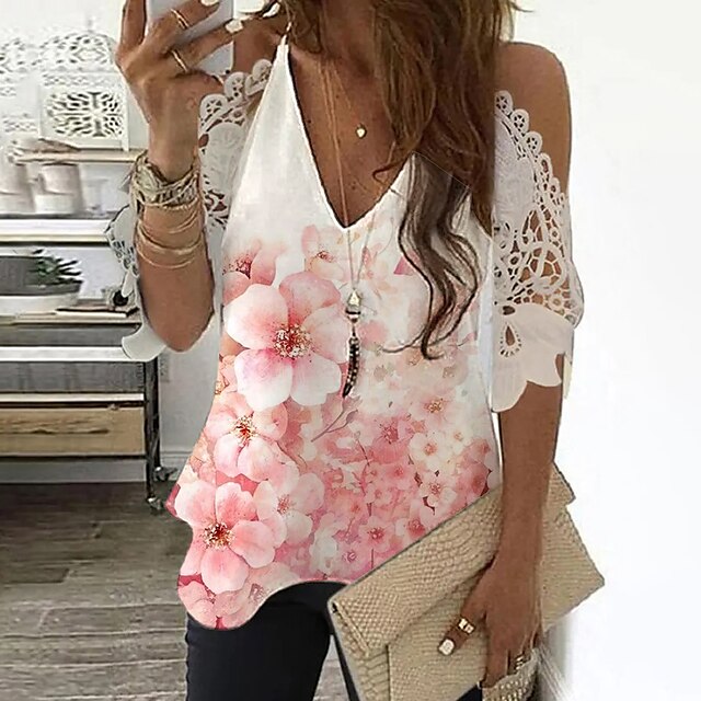  Women's T shirt Tee Pink Lace Patchwork Floral Casual Holiday Half Sleeve V Neck Basic Regular Floral Painting S / 3D Print / Print
