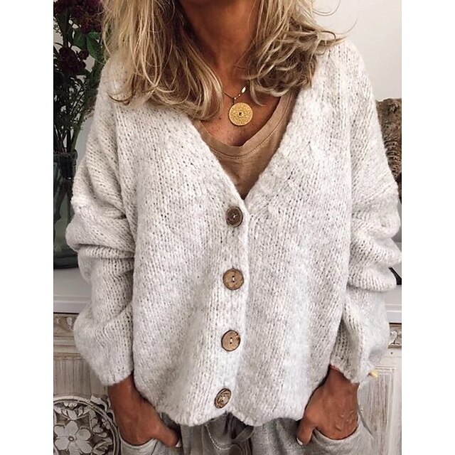  Women's Cardigan Sweater Jumper Crochet Knit Knitted Cropped V Neck Pure Color Daily Holiday Casual Winter Fall White S M L / Long Sleeve / Regular Fit