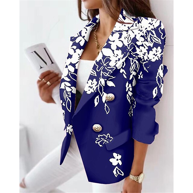  Women's Blazer with Pockets Stylish Formal Office Work Coat Regular Polyester Blue Double Breasted Fall Winter Turndown Regular Fit S M L XL XXL 3XL