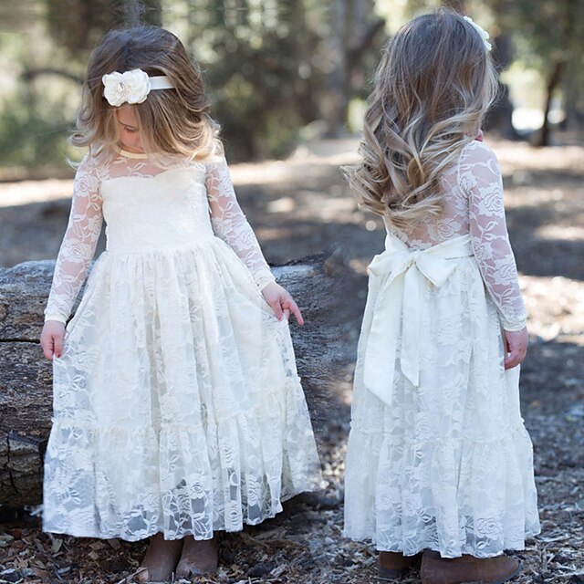  Elegant Long Sleeve Lace Mesh Dress for Little Girls