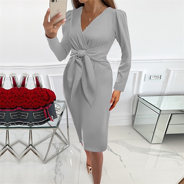  Winter Fall Women's Bodycon Ruched V Neck Dress