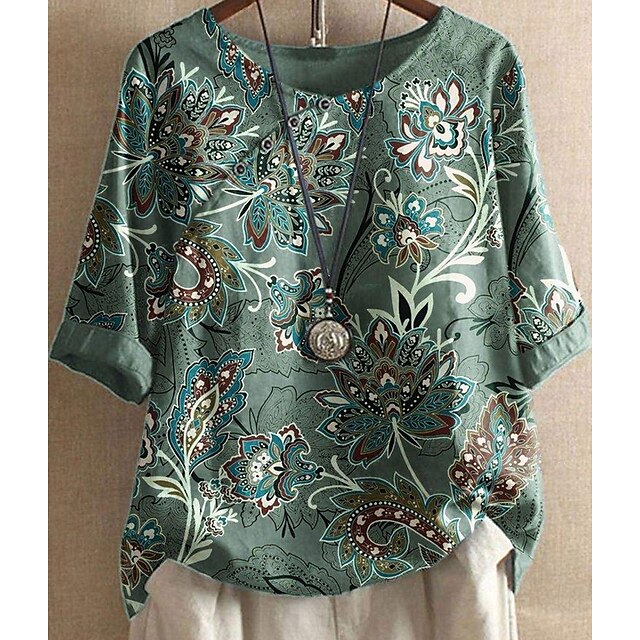  Women's Plus Size Shirt Blouse Green Floral Print 3/4 Length Sleeve Daily Vacation Weekend Vintage Holiday Casual Crew Neck Regular Fit Summer Spring