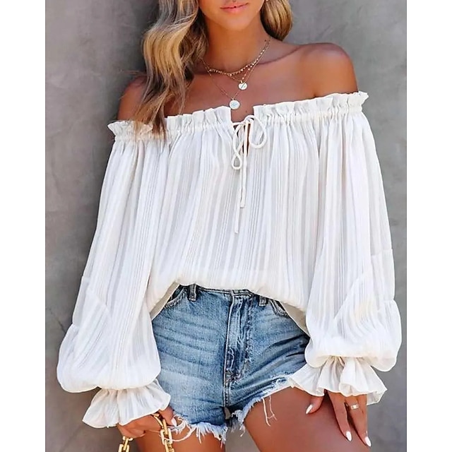  Women's Lace Shirt Shirt Going Out Tops Blouse Plain Pink Light Blue Lace up Ruffle Off Shoulder Long Sleeve Holiday Weekend Streetwear Casual Off Shoulder Loose Fit Spring Fall