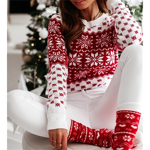  kvinders grimme julesweater pullover sweater trøje med rund hals hæklet strik bomuld strikket efterår vinter juleferie xmas casual langærmet plaid hvid rød one-size