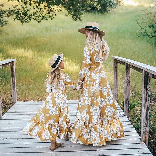  Mommy and Me Dresses Floral Ruched Yellow Midi Long Sleeve Daily Matching Outfits / Patchwork / Spring / Fall / Elegant / Print