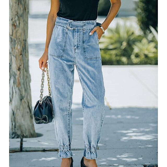  Femme Pantalon Jeans Jean Bleu clair Mode Taille médiale Poches latérales Casual Fin de semaine Toute la longueur Micro-élastique Plein Confort S M L XL XXL