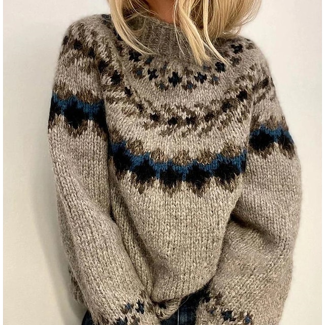  Women's Fair Isle Pullover Sweater Jumper Stand Collar Turtleneck Chunky Crochet Knit Acrylic Criss Cross Fall Winter Tunic Daily Holiday Vintage Style Casual Long Sleeve Geometric Light Brown S M L