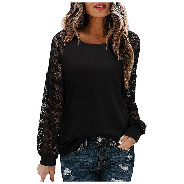  Women's Blouse Gray White Black Lace Patchwork Plain Casual Weekend Long Sleeve Round Neck Basic Regular S