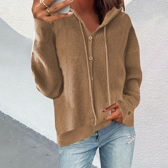  Women's Pullover Sweater Cardigan Sweater Jumper Ribbed Knit Knitted Hooded Pure Color Daily Going out Stylish Casual Fall Winter Coffee S M L / Long Sleeve / Regular Fit