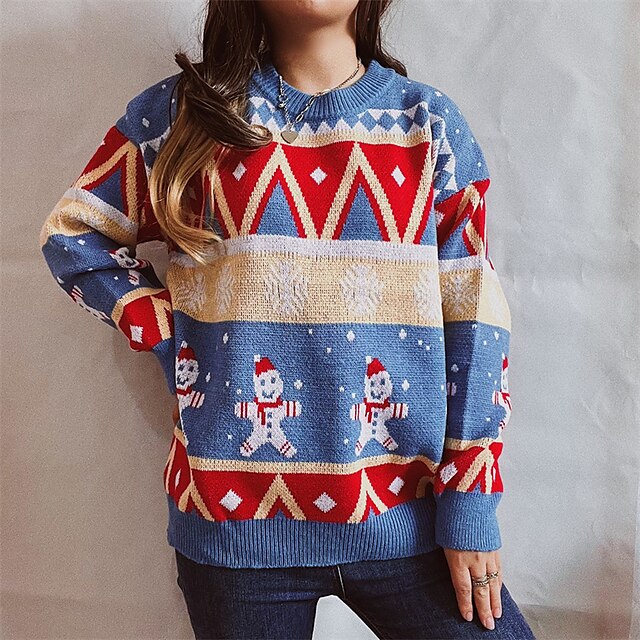  kvinders grimme jul julesweater pullover sweater sweater rund hals ribstrikket strik akryl strikket efterår vinter juleferie stilfuld afslappet langærmet snemand rød blå s m l