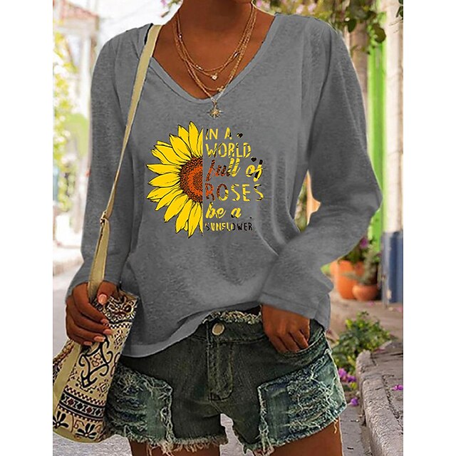  Women's T shirt Tee Green Blue Gray Print Sunflower Text Sports Weekend Long Sleeve V Neck Basic Cotton Regular Floral Painting S