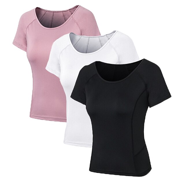  Women's Compression Shirt 3 Pack Short Sleeve Base Layer Top Casual Athleisure Spandex Breathable Quick Dry Lightweight Fitness Gym Workout Running Sportswear Activewear Solid Colored Black Red Black