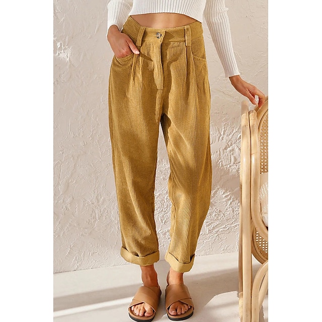  Women‘s Corduroy Pants Fashion Trousers Side Pockets Full Length Casual Weekend Micro-elastic Chinese Style Comfort Beige XXL