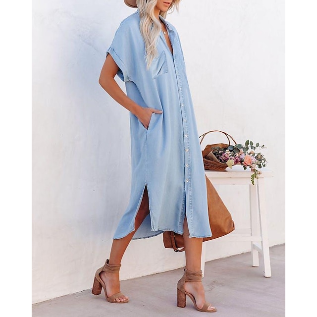  Dame Knelang kjole Denimkjoler Blå Kortermet Lapper Helfarge Skjortekrage Vår Sommer Elegant Fritid 2022 S M L XL 2XL