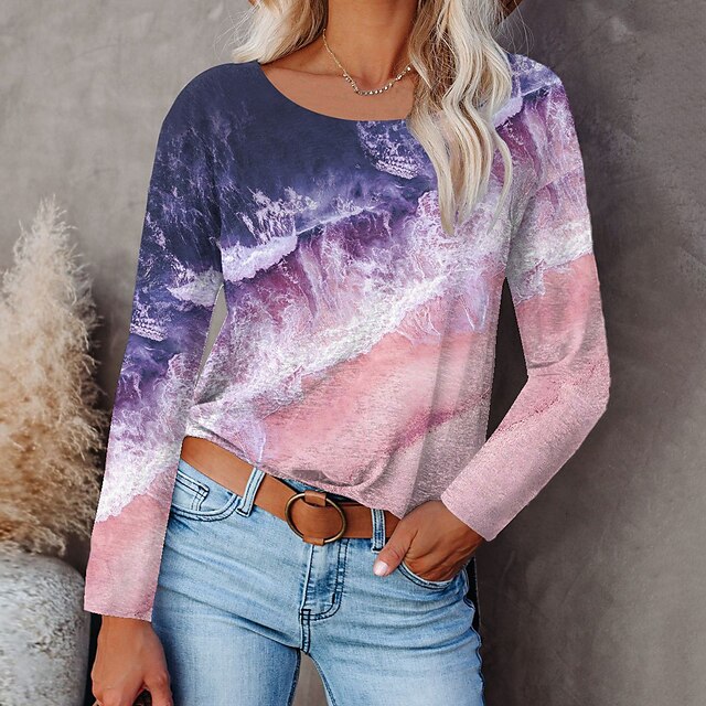  Women's T shirt Tee Pink Print Graphic Casual Weekend Long Sleeve Round Neck Basic Regular Painting S