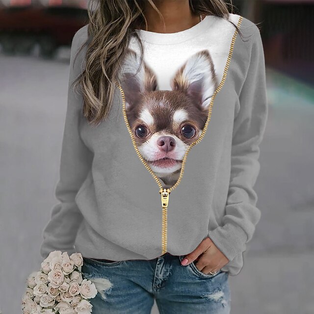  Women's Active Streetwear Sweatshirt with 3D Dog Print