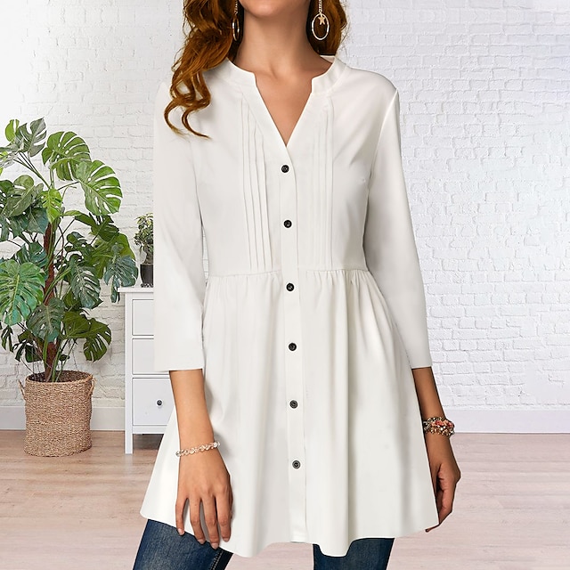  Women's Blouse Shirt Tunic White Button Flowing tunic Plain Daily Weekend 3/4 Length Sleeve V Neck Streetwear Casual Long S