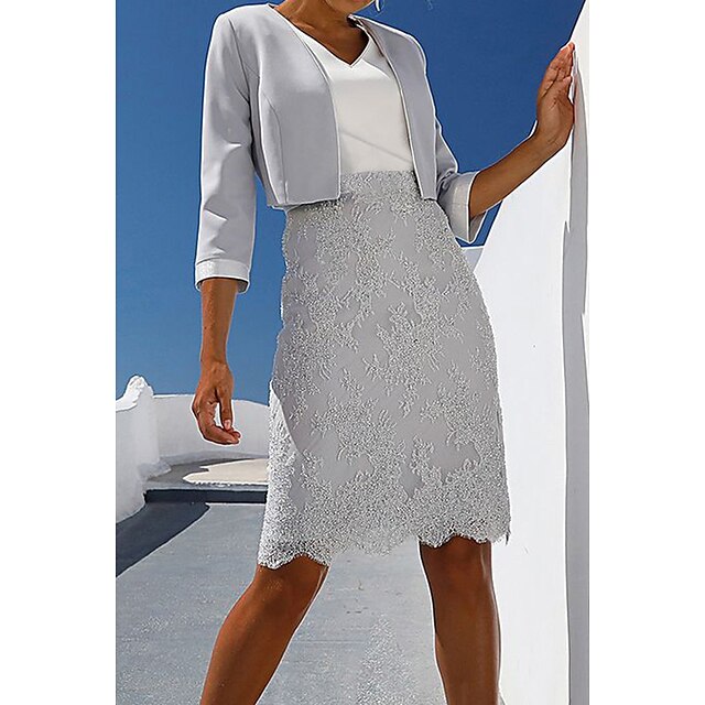  Damen Kleid-Set Zweiteiliges Kleid Etuikleid Midikleid Grau Stickerei 3/4 Ärmel Winter Herbst Rüschen Modern V Ausschnitt 2023 S M L XL 2XL 3XL