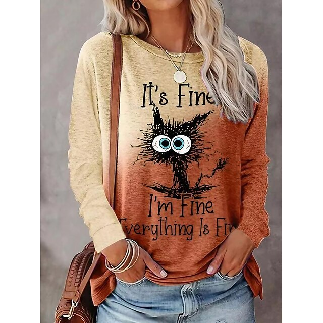  Women's Casual Long Sleeve Graphic Cat Tee