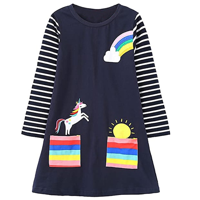  Kids Little Girls' Dress Unicorn Santa Claus Striped Daily Holiday Vacation A Line Dress Print Black Pink Above Knee Long Sleeve Cute Casual Sweet Dresses Fall Winter Christmas Regular Fit 3-10 Years