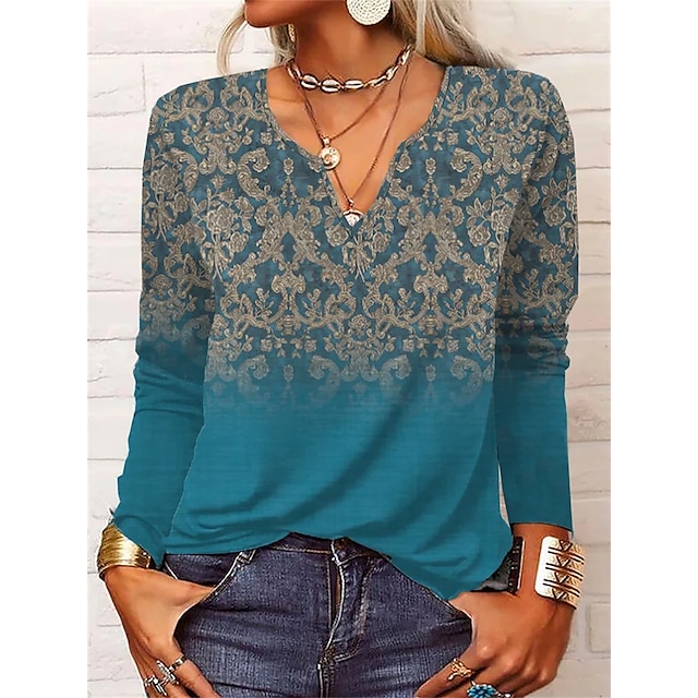  Women's T shirt Tee Blue Dusty Blue Floral Home Casual Long Sleeve V Neck Vintage Regular Loose Fit Floral S