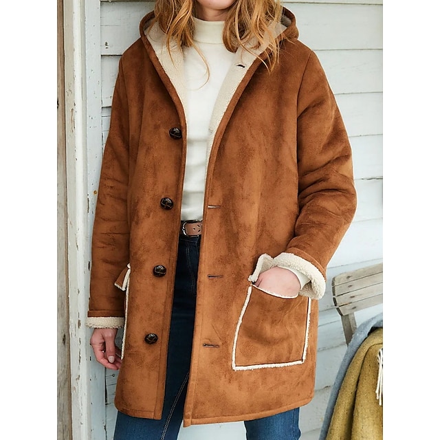  Women's Sherpa jacket Street Casual Daily Casual Daily Warm Single Breasted Button Pocket Casual Street Style Hoodie Regular Fit Solid Color Outerwear Winter Fall Long Sleeve Brown S M L XL XXL 3XL