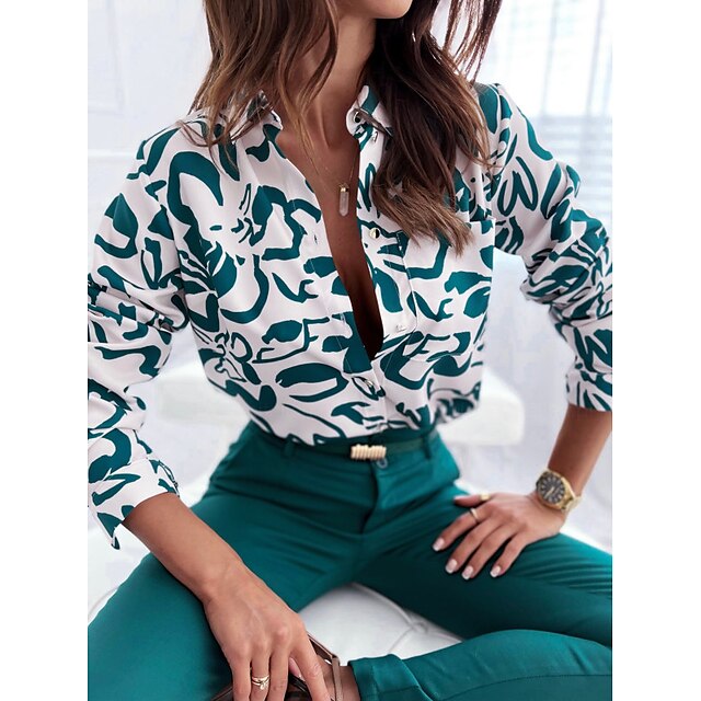  Dame Skjorte Bluse Grønn Lomme Trykt mønster Grafisk Arbeid Avslappet Langermet Skjortekrage Elegant S