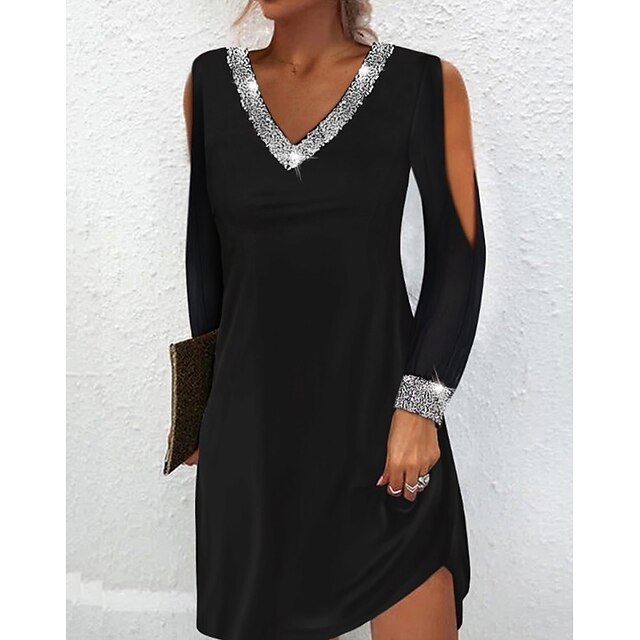  Damen Casual kleid Urlaubskleid schwarzes kleid Minikleid Schwarz Glatt Langarm Sommer Frühling Pailletten Brautkleider schlicht V Ausschnitt winterkleider damen herbstkleider 2023 S M L XL 2XL 3XL