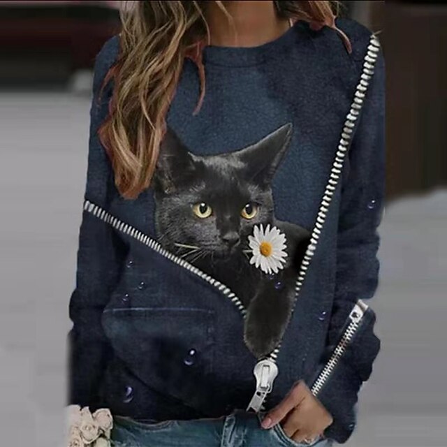  Women's Active Streetwear Cat Print Sweatshirt Pullover
