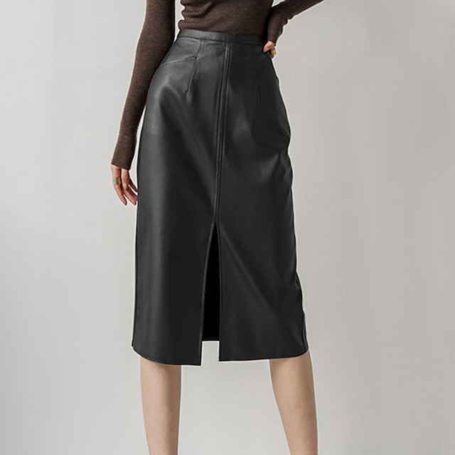  Mujer Falda faldas de trabajo Poliuretano Cuero Midi Negro Faldas Separado Oficina / Carrera Casual Diario Moda S M L