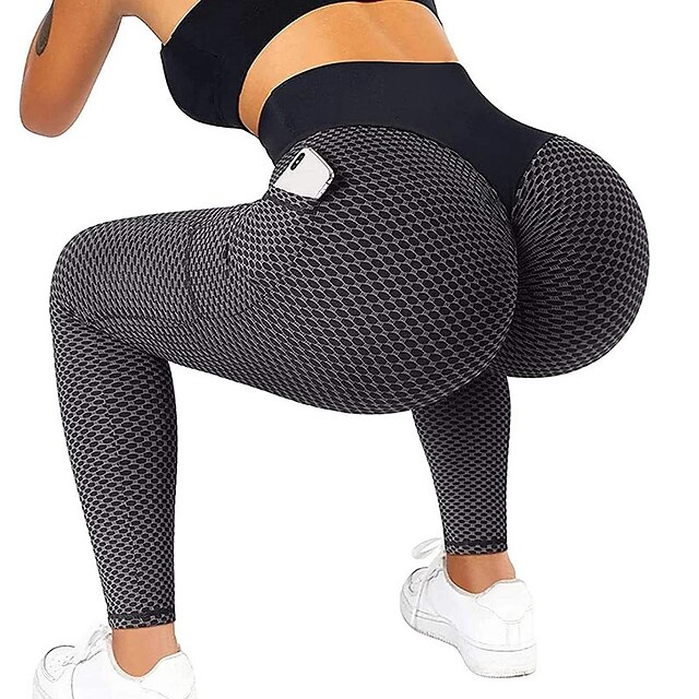  Mujer Pantalones de yoga Control de barriga Levantamiento de tope Secado rápido Scrunch Butt Bolsillos laterales Jacquard Yoga Aptitud física Entrenamiento de gimnasio Alta cintura Mallas Leggings