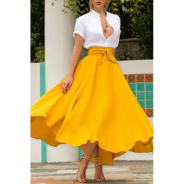  Women's Skirt Swing Work Skirts Long Skirt Maxi Skirts Solid Colored Performance Casual Daily Autumn / Fall Cotton Blend Streetwear Yellow Red Orange