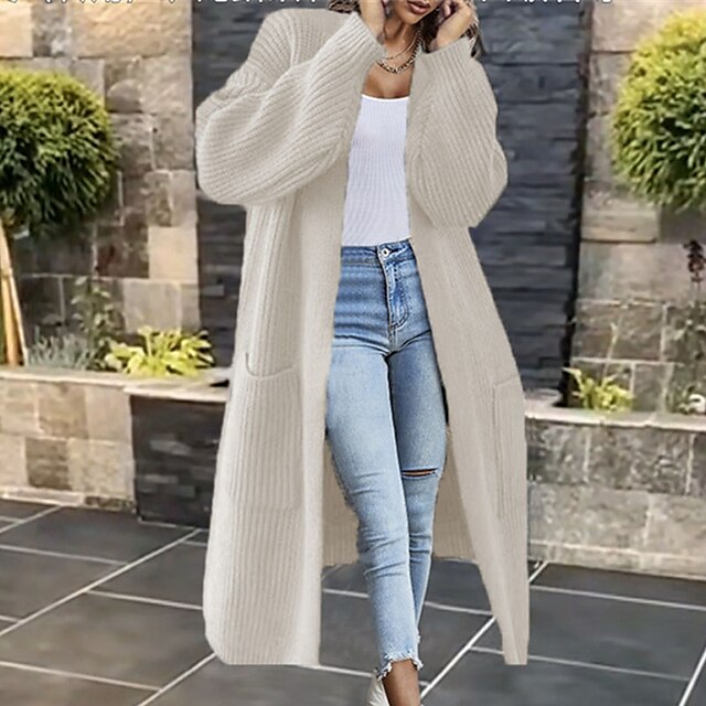  Women's Cardigan Sweater Jumper Ribbed Knit Long Pocket Knitted Pure Color Open Front Stylish Casual Outdoor Daily Fall Winter White Fuchsia S M L