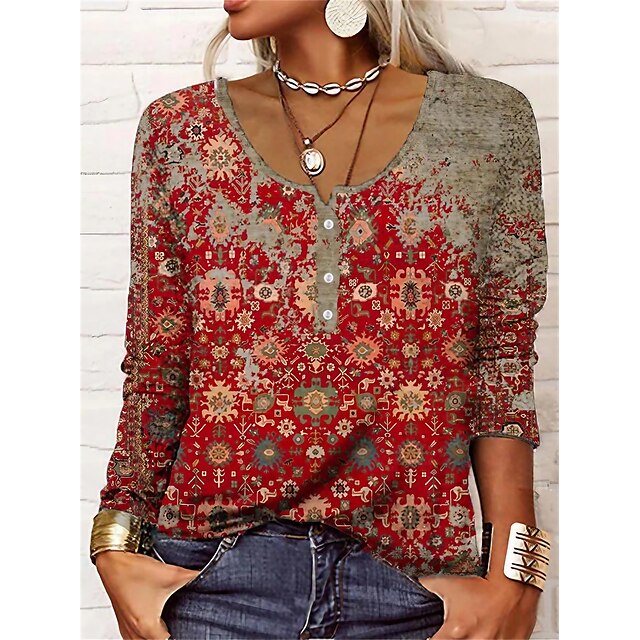  Women's Plus Size T shirt Tee Geometric Red Blue Purple Print Long Sleeve Home Casual Daily Basic U Neck Loose Fit Fall & Winter