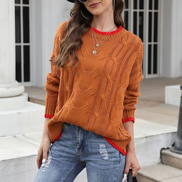  Women's Pullover Sweater Jumper Cable Knit Knitted Crew Neck Pure Color Outdoor Daily Stylish Casual Fall Winter Orange Gray S M L / Long Sleeve / Holiday / Regular Fit / Going out