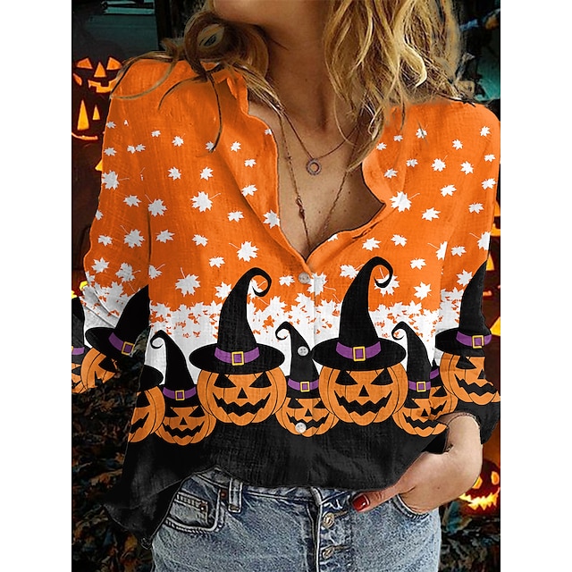  Dame Halloween Bluse Skjorte Blomster Tema Langærmet Blad Græskar Krave Knap Trykt mønster Afslappet Gade Halloween Toppe Regulær Orange / 3D-udskrivning