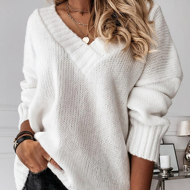  Women's Pullover Sweater Jumper V Neck Crochet Knit Polyester Knitted Fall Winter Outdoor Daily Holiday Stylish Casual Soft Long Sleeve Pure Color White Gray S M L