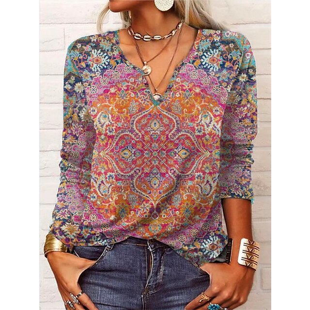  Women's T shirt Tee Paisley Vintage Flower Casual Daily Holiday Rainbow Print Patchwork Long Sleeve Vintage V Neck Regular Fit