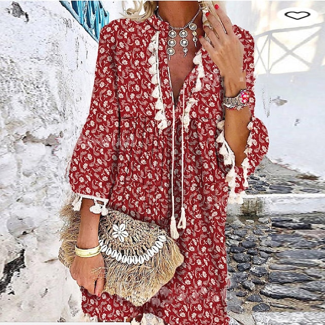  Women's Fringe Dress A Line Dress Boho Dress Mini Dress Wine Blue Floral 3/4 Length Sleeve Summer Spring Lace up Casual V Neck 2023 S M L XL XXL 3XL