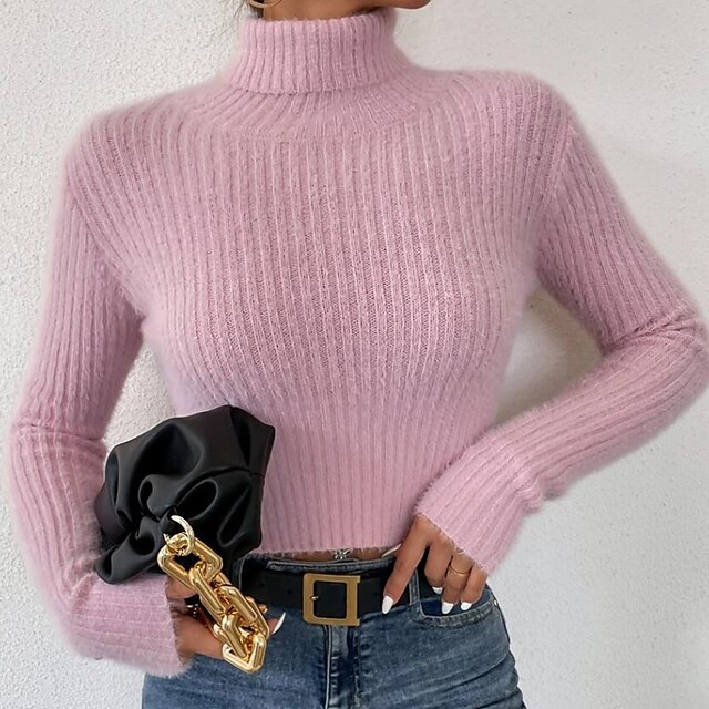  Women's Pullover Sweater Jumper Jumper Crochet Knit Knitted Pure Color Turtleneck Stylish Soft Outdoor Daily Fall Winter Black White S M L