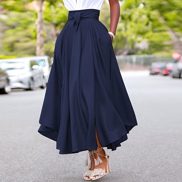  Women's Swing Work Skirts Long Skirt Maxi Navy Blue Skirts Split Long Elegant Office / Career Casual Daily Fall & Winter S M L