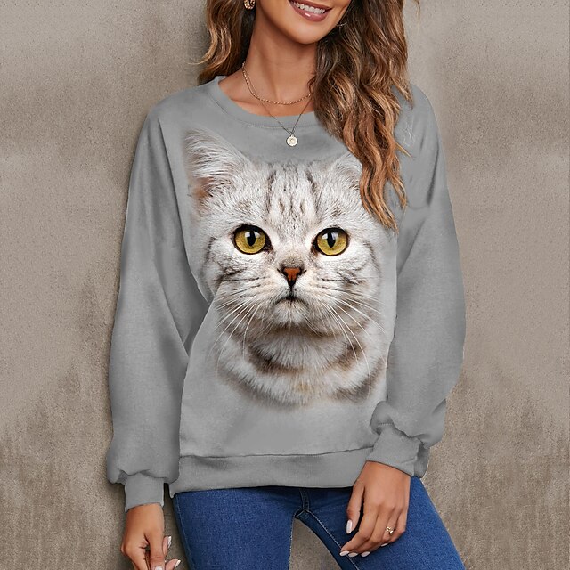  Damen Sweatshirt Pullover Zur Seite fahren Bedruckt Aktiv Strassenmode Grau Katze 3D Täglich Langarm Rundhalsausschnitt