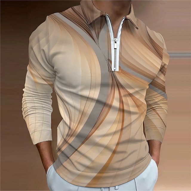  Homens Camisa de golfe Aberto para a Lateral Gradiente Cáqui Impressão 3D Manga Longa Zíper Imprimir Ao ar livre Rua Blusas Moda Designer Casual Respirável