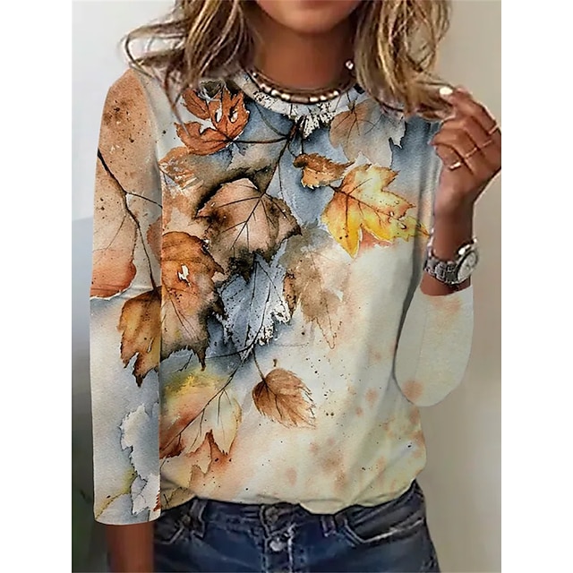  Women's T shirt Tee Wine Blue Green Print Floral Home Casual Long Sleeve Round Neck Basic Regular Loose Fit Floral S
